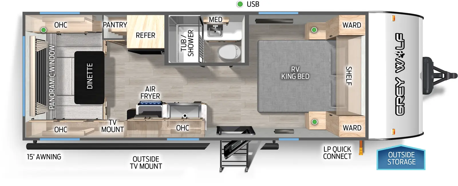 The Cherokee Black Label 20RDSEBL floorplan has one entry and zero slide outs. Exterior features include: fiberglass exterior and 15' awning. Interiors features include: u-dinette and front bedroom.